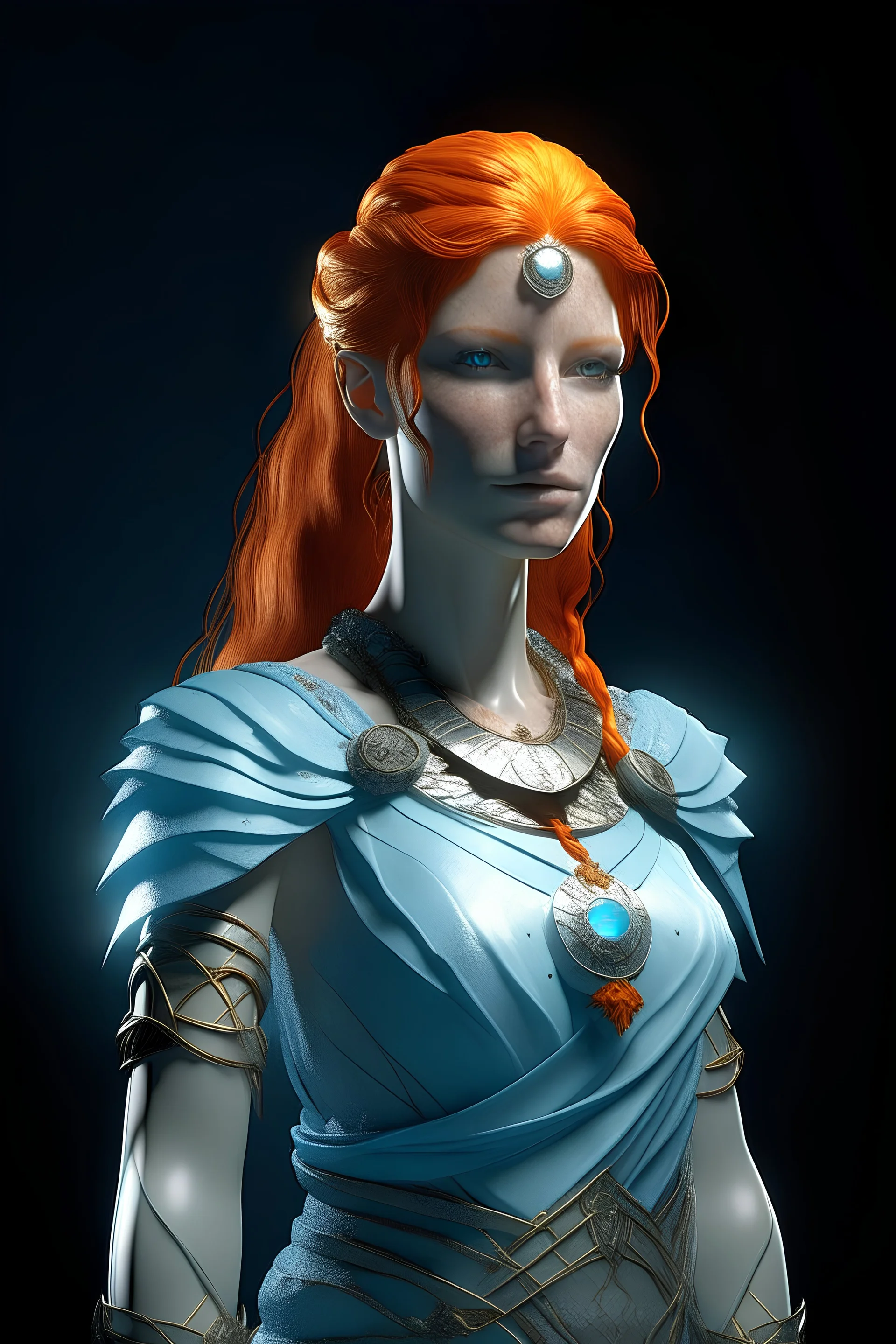 A bustle of the mythical red-haired beauitiful Goddess of female warriors and Amazon tranquility. Dressed in a glowing ice-blue deep-cut tunic from 2500 BC. photorealism, cinematography, looking at the camera, (Glaze:1.1), (Reflected light:1.2), Glass, Polygon, extremely detailed, intricate, (disturbing:1.1), full body shot. With perfect lighting and composition, captured by a professional photographer using a high-end camera for photorealistic quality and intricate details, highly detailed hair