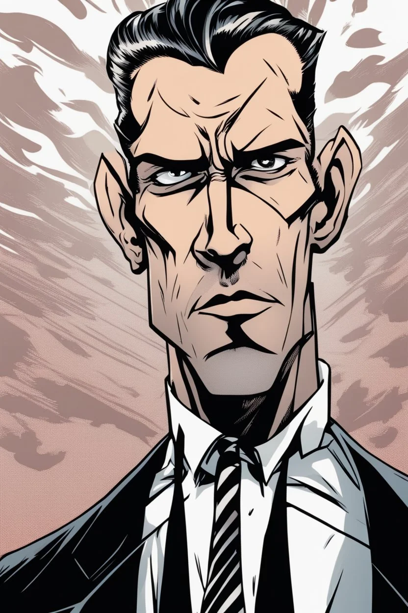 deranged man with slicked back hair, stubble and a judgmental look on his face comic book style