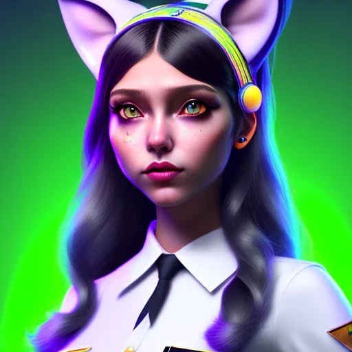 waitress teenager, indian, cat ears latex headband, rounded face, black hair, short hair, light makeup, striped shirt, vibrant color, highly detailed, gradient background, concept art, smooth, 16 bit, unreal engine 5, god rays, ray tracing, RTX, lumen lighting, ultra detail, volumetric lighting, 3d, finely drawn, high definition, high resolution.