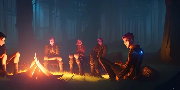 Adventurers resting around a campfire in a forest clearing at night, starry sky, dark fantasy, high detail, high definition, big adventuring bags