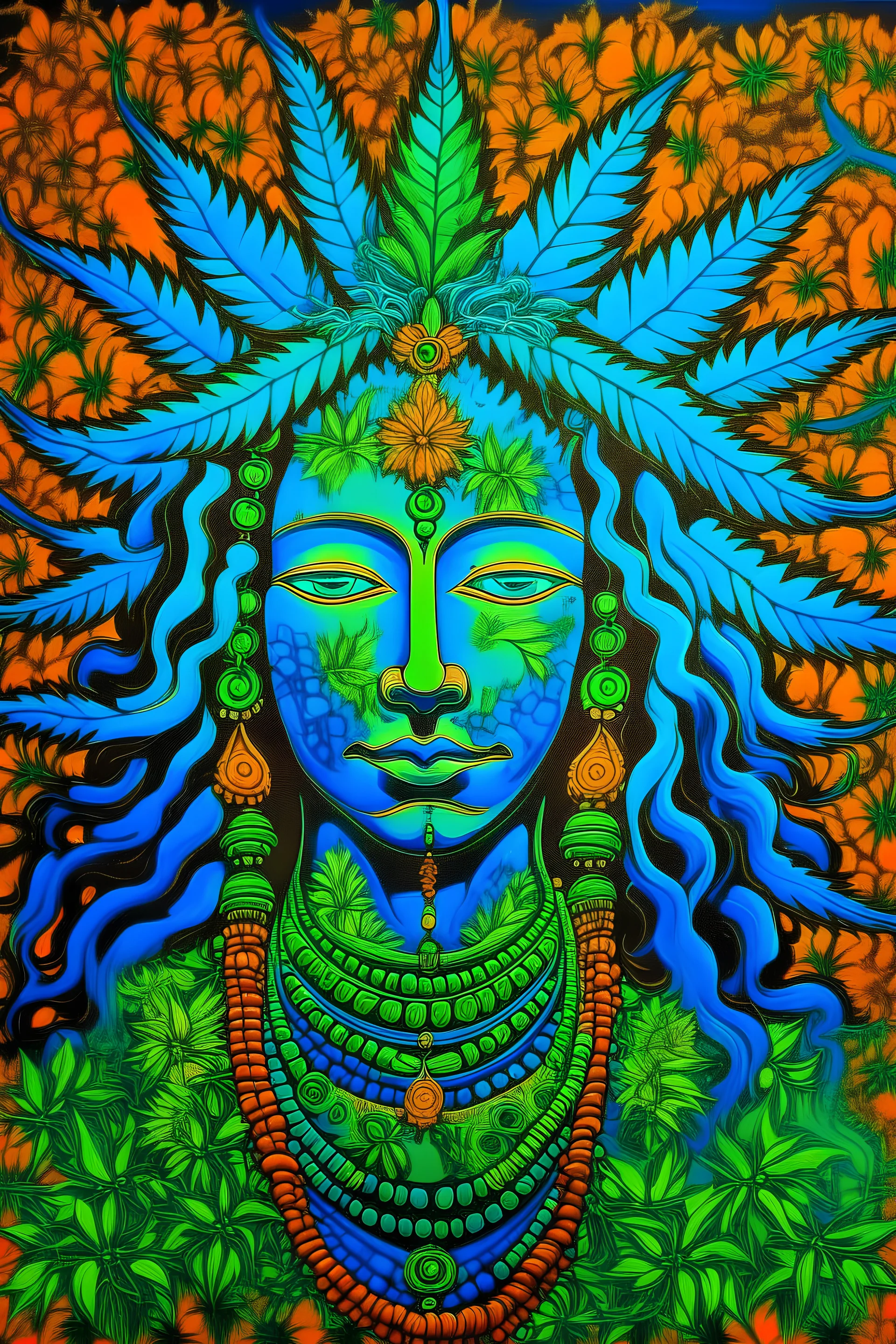 Blue marijuana bud Shiva religious mural with green and orange background made of pieces of marijuana bud with sparkly thc sap and crystalline bud hairs.