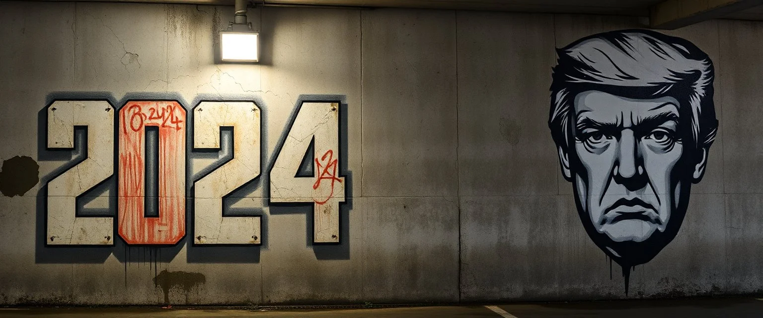 background of wall(wet textured concrete, gray, old, cracked, stained, 1 wall light) from underground parking, german style, a large blocky upside down "2024" painted on left(old faded paint), cyberpunk, to the right a larger mural(face and eyes cropped above nose, angry and scornful, trump, from 1984, black and white)