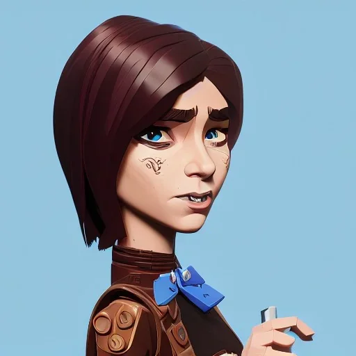 anna wintour with dark brown hair, blue eyes, happy, lego, steampunk