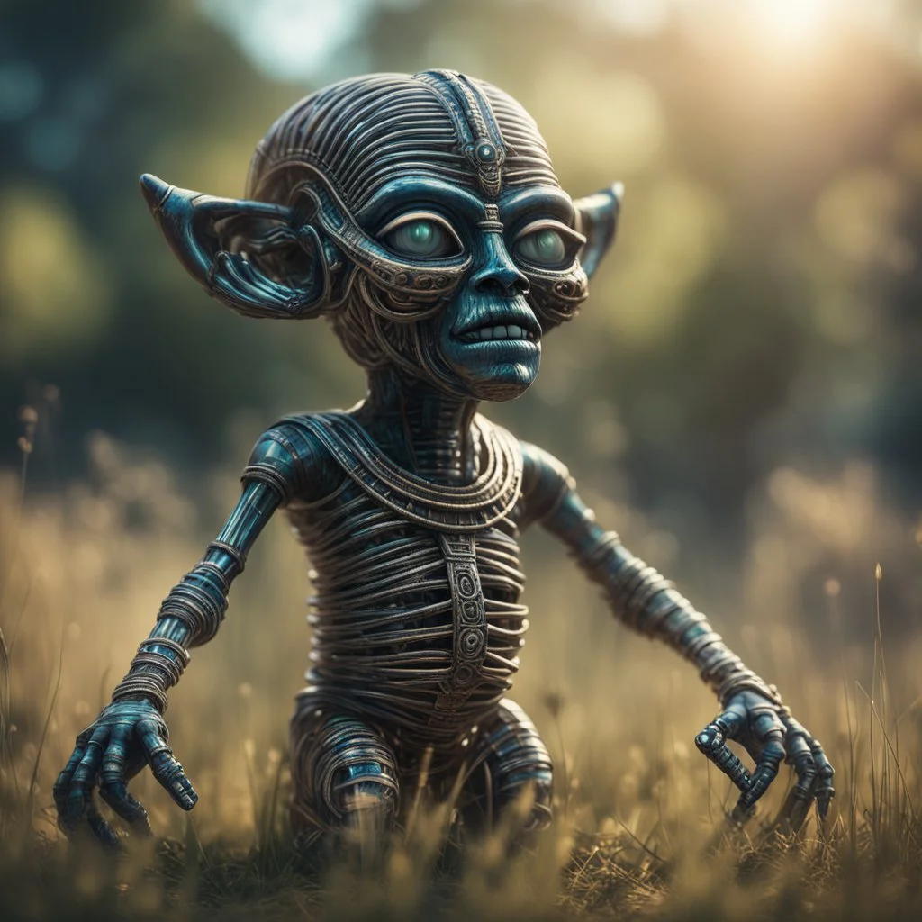 electric egyptian mummy troll in the style of giger, in t-pose made from tinted murano glass in long grass ,bokeh like f/0.8, tilt-shift lens 8k, high detail, smooth render, down-light, unreal engine,bokeh like f/0.8, tilt-shift lens 8k, high detail, smooth render, down-light, unreal engine