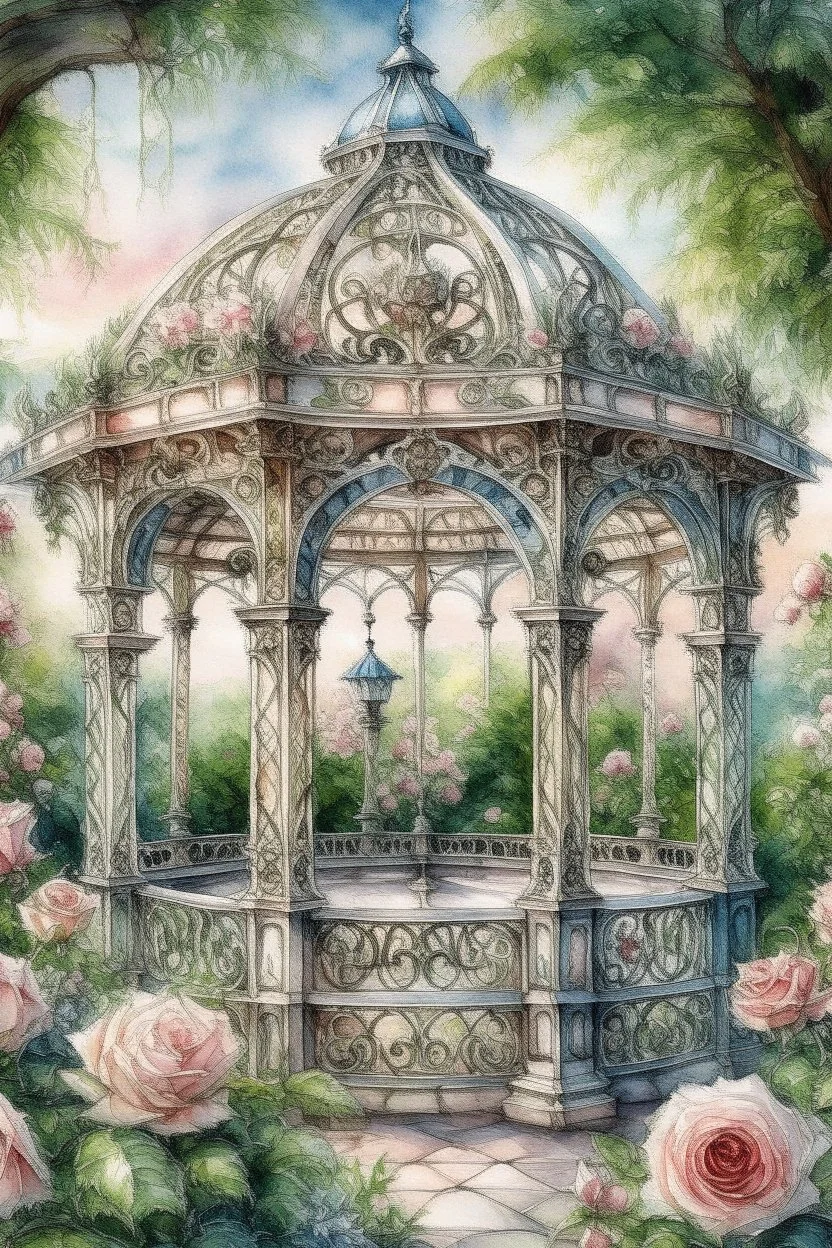 watercolor with drawing, Elegant filigree English gazebo entwined with gorgeous roses, beautiful landscape,magnificent peonies, large flowers pixel graphics, many details, subtle sensuality, realism, high quality, artwork, hyperdetalization, professionally, filigree, smoky haze, hyperrealism, transparency, delicate pastel tones, backlight, contrast, fantastic fabulous, unreal, translucent, luminous, clear lines.