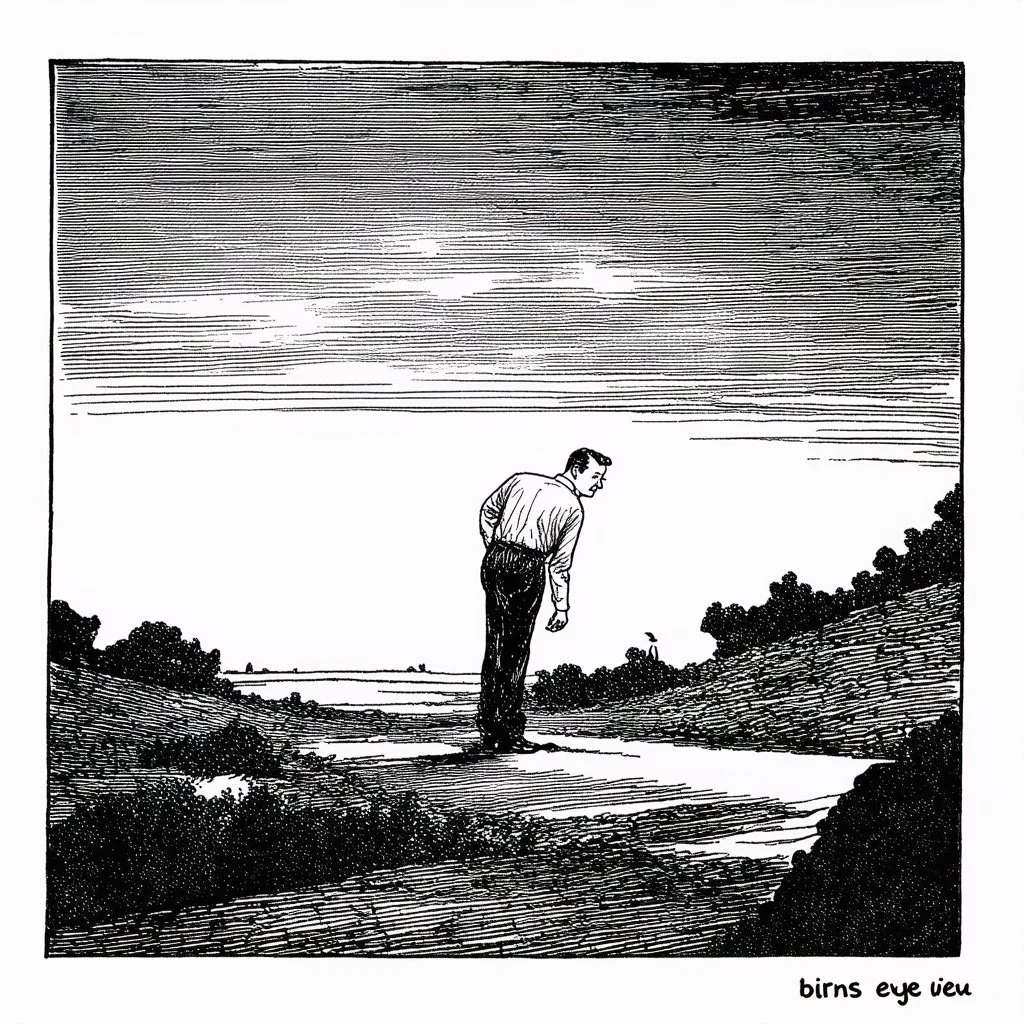 a alone man. pen and ink, birds eye view, illustrated by hergé, Background space and earth