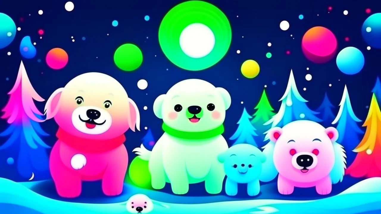 fantasy cartoon illustration: happy cute arctic animals looking Norther lights during Christmas party