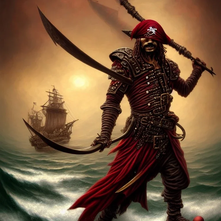 a pirate warrior in dark red full armor, on his ship, holding a football, a highly detailed illustration, background of giant crashing ocean waves, realistic render, 8 k, micro detail, intricate, elegant, centered, digital painting, Artstation, smooth, sharp focus, illustration, artgerm, tomasz alen kopera, peter mohrbacher, donato giancola, joseph christian leyendecker, wlop, boris vallejo