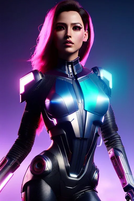 Futuristic cyborg, portrait from waist up, vibrant hair color, intricate eyeliner, vibrant eyeshadow, clear completion, soft lighting, 4k resolution, intricate details, insanely detailed, colorful cityscape background, masterpiece, expert, cinematic smooth, retroanime style, realistic details, no helmet