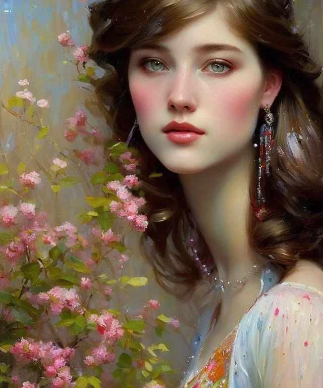 realist impressionist portrait of "The Curious Female" by Ross Tran rework. Masterpiece, best quality, painted impressionist brush strokes. paint drips and drabs and splatters by and by art nouveau and richard schmid . Paint spatters, drips, drabs, dynamic, artstation, artgerm