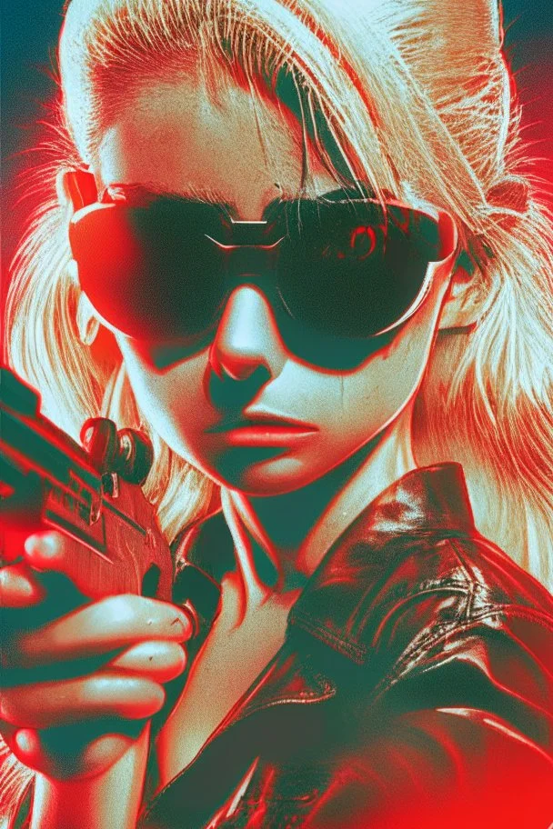 Photo of a beautiful blonde female Terminator, with dark sun glasses, bright red eye, holding a gun upwards, up close, Hollywood movie poster vibes, night time, high contrast dark moody lighting.