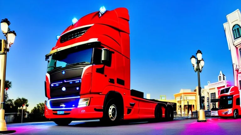 A police Tesla Cybertruck is chasing a Tesla 'Model S Plaid' at top speed, across the 'Universal Studios Orlando', in Florida. CINEMATIC. WIDE ANGLE LENS.