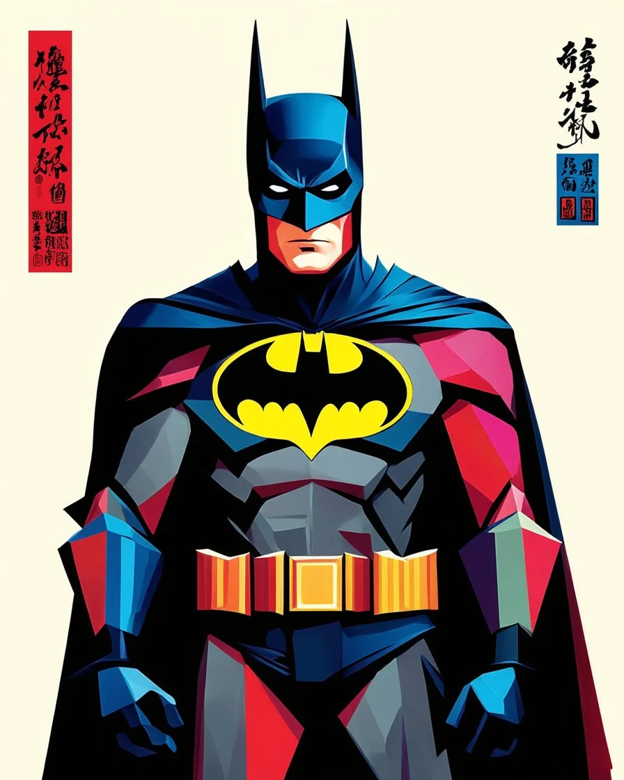 Batman's cubist masterpiece, full of vibrant colors, straight and bold lines. Batman is crafted from geometric shapes, with an interplay of light and shadow, creating fascinating depth and detail. It combines primary and secondary colors, achieving a harmonious balance between simplicity and sophistication. Inspired by painting, photography, illustration, architecture, dark fantasy and ukiyo-e