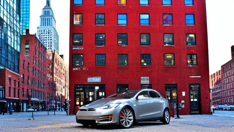 A Tesla's 'Model S Plaid' is parked, on the South Street Seaport, in New York. CINEMATIC. WIDE ANGLE LENS. PHOTO REAL.