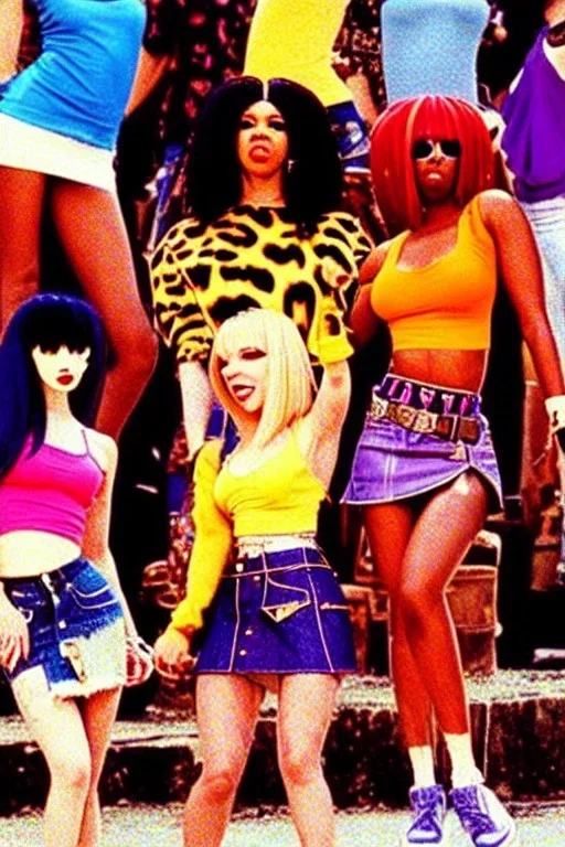 year 1996 denim fashion. Loose skirt, low waist. Colors: denim blue, blue, purple, cream, khaki, light green, lilac, plum, orange, terracotta, red, light yellow, pink, dark blue, beige. Latex in small part. Cheetah pattern. Gwen Stephani, Missy Elliot, Shirley Manson.Cargo pants