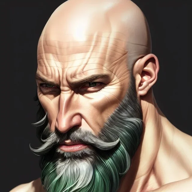 "MIddle aged white human male, with a trimmed but uneven beard, piercing green eyes with slick back hair, head and shoulders portrait, 8k resolution concept art portrait by Greg Rutkowski, Artgerm, WLOP, Alphonse Mucha dynamic lighting hyperdetailed intricately detailed Splash art trending on Artstation triadic colors Unreal Engine 5 volumetric lighting Splash art fantasy realistic digital art, blizzard entertainment, trending on artstation, award winning fantasy art"