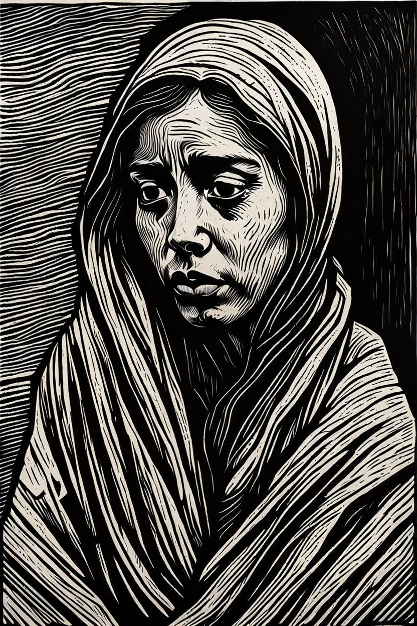 create an abstract, deeply powerful tragic, heart wrenching, and evocative, full body woodcut of an anguished young refugee woman with highly detailed and deeply cut facial features, lost in a horrific post apocalyptic Gaza, in the style of KATHE KOLLWITZ and PAUL GAUGUIN, searing lines and forceful strokes