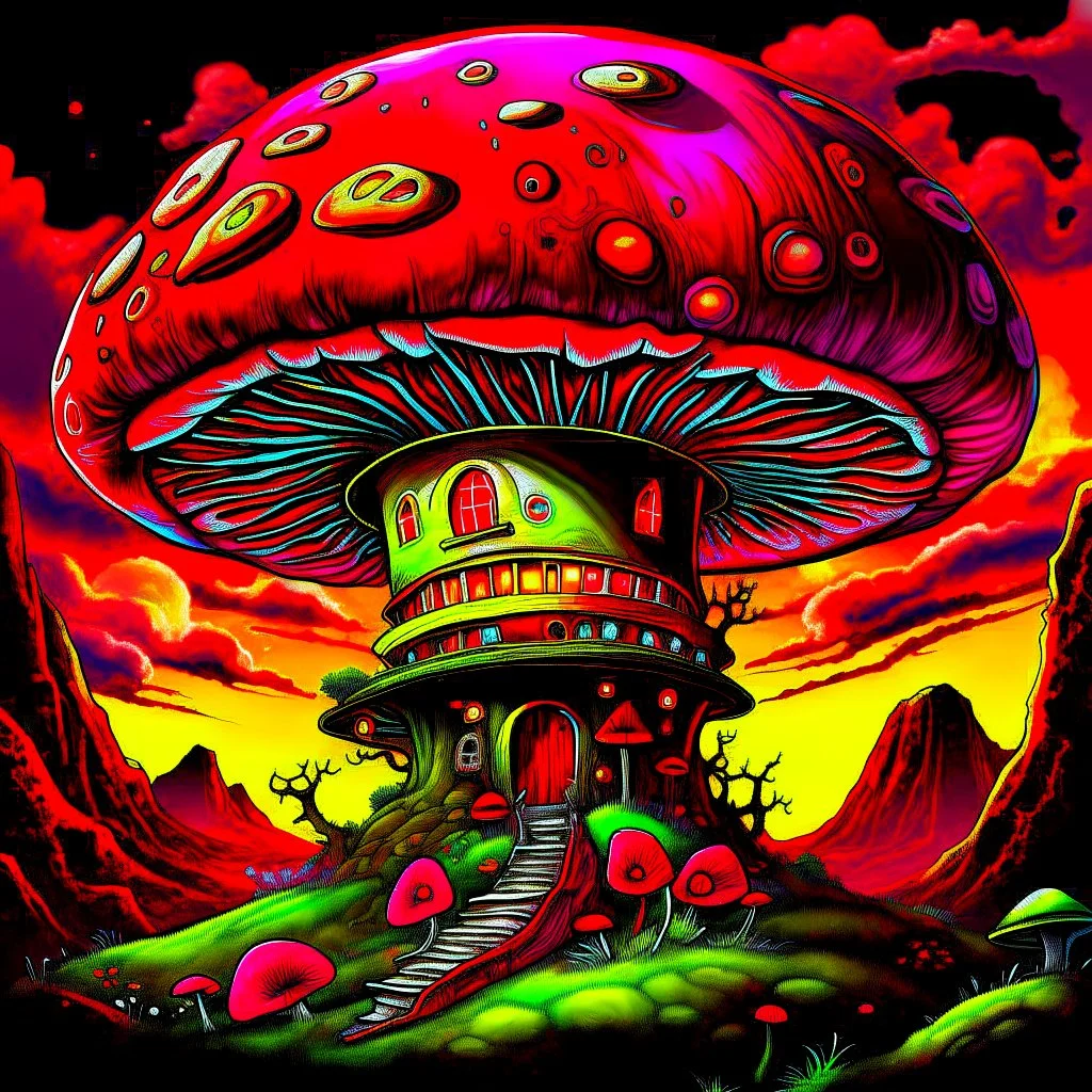 A fantabulous black, green and red (((mushroom tower house))) erected atop a (geologic pillar), surrounded by the uncanny imaginative ((( swirling skies))), offset by the stark hues of a (neon-tinged nebulous space scape), within. captured by the hand a skilled master painter with a focus on (softly blurred compositions and voluminous lighting).