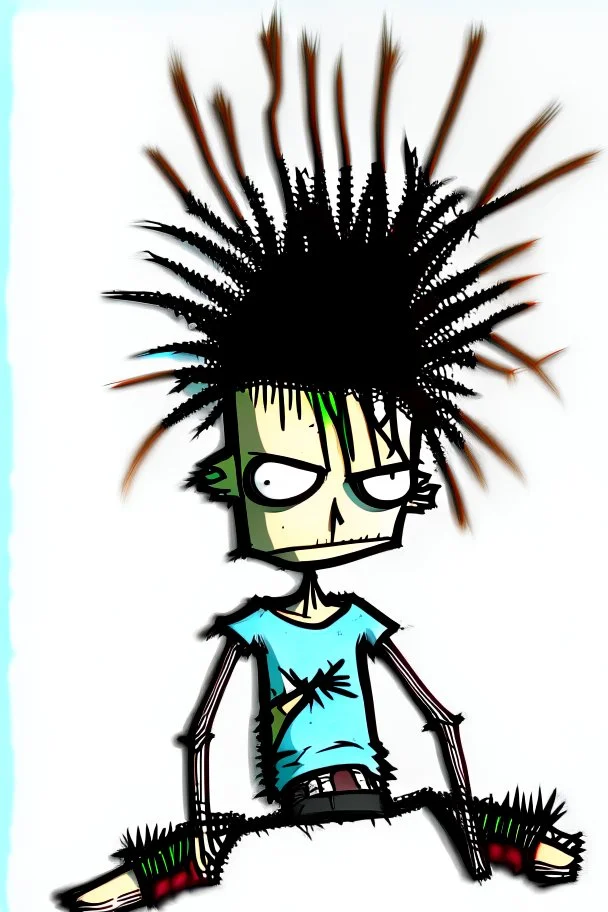 2d drawing of a stickman, cool with punk hair, x eyes like in hangman, laying flat on stomach,top view of full body,3d realistic in colour