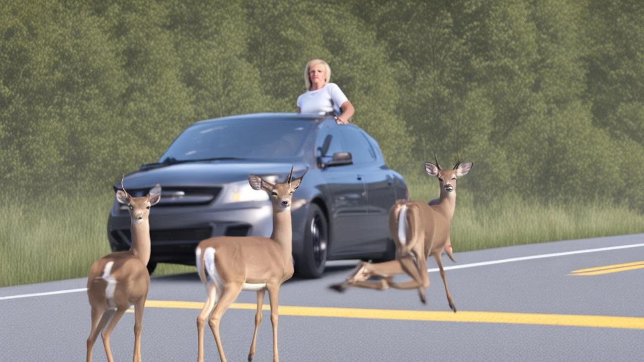 upset lady points gun at sleeping deer on the highway