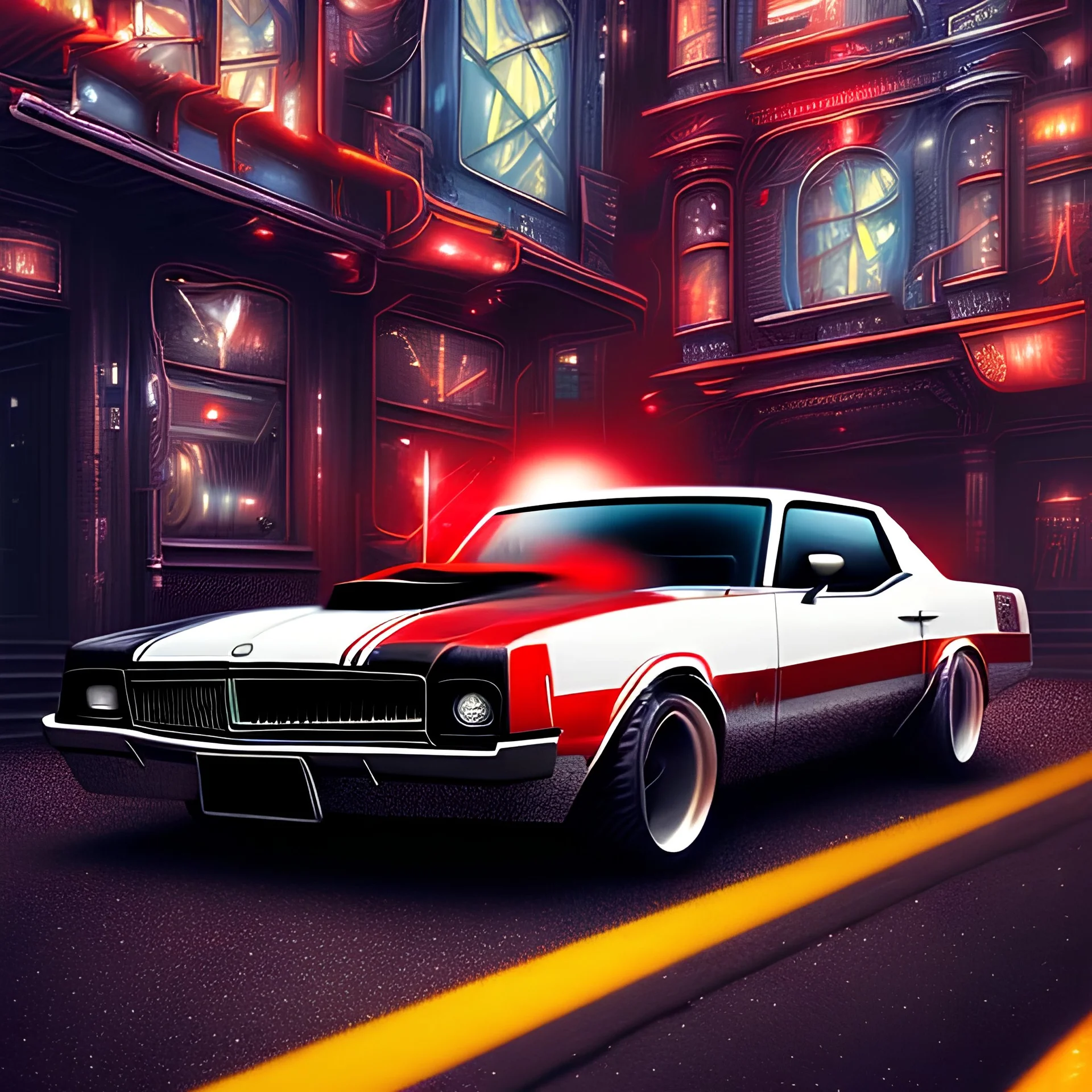 spray paint art, long shiny flat red and white muscle car in motion, two men in suits with big machine guns and great style,bullets flying, evening, seen from balcony, dirty city alley, heist action, book cover