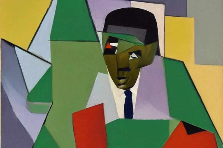 Cubist painting of gary coleman sitting on a green table