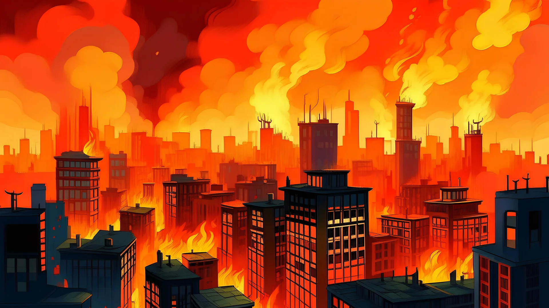 idyllic city scape on fire