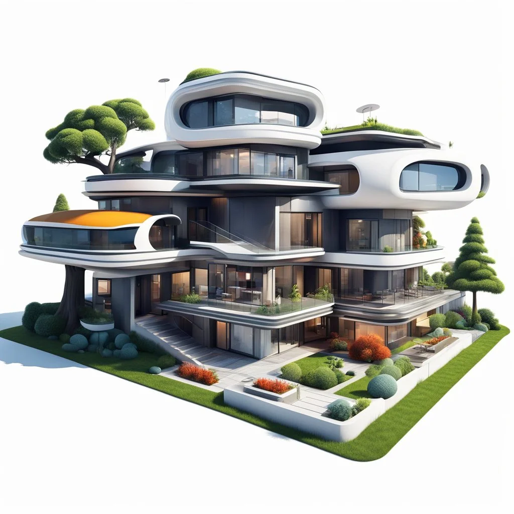 3D modern futuristic houses in cartoon Pixar style on white background, png, high resolution, highly detailed texture. By drone