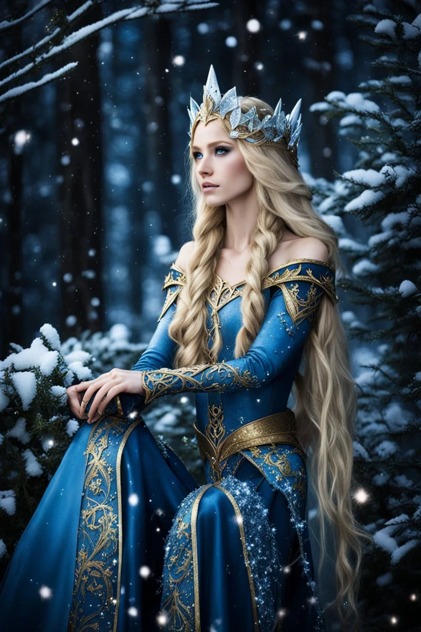 Elven princess,elven crown,long blonde golden hair,rapunzel hair,ice flowers,beautiful,light blue,dark blue,golden armor,sparkle,glitter,ice flowers,snow,elven ears,dark fairy princess