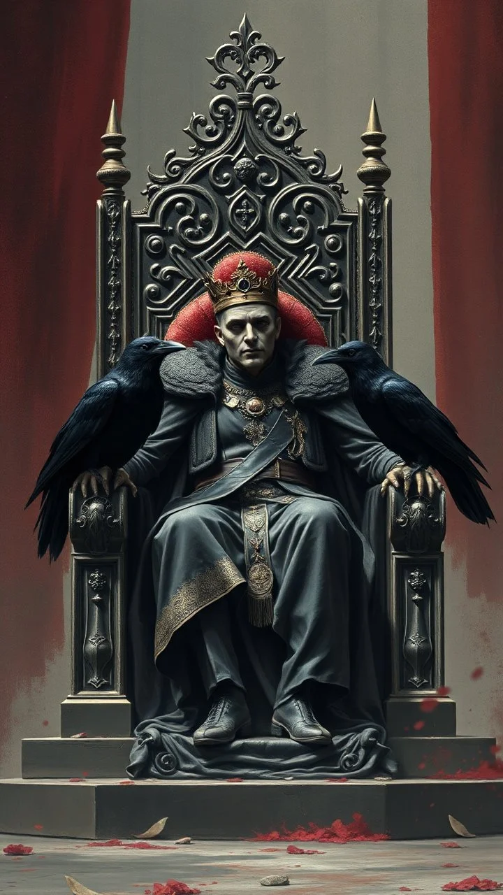 The king is dead while sitting on the throne and 2 black crows are sitting on each side of the throne