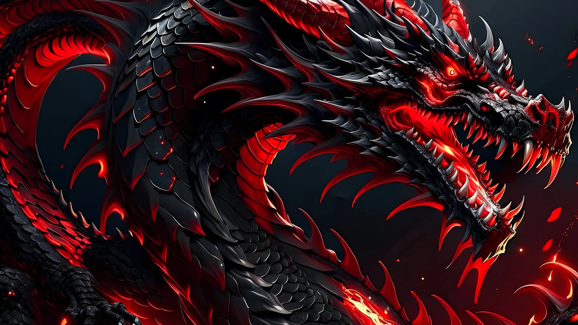 Detailed Illustration of Powerfull Black & Red Dragon, Modesty, Wealth 8K High Quality, Thunders Background