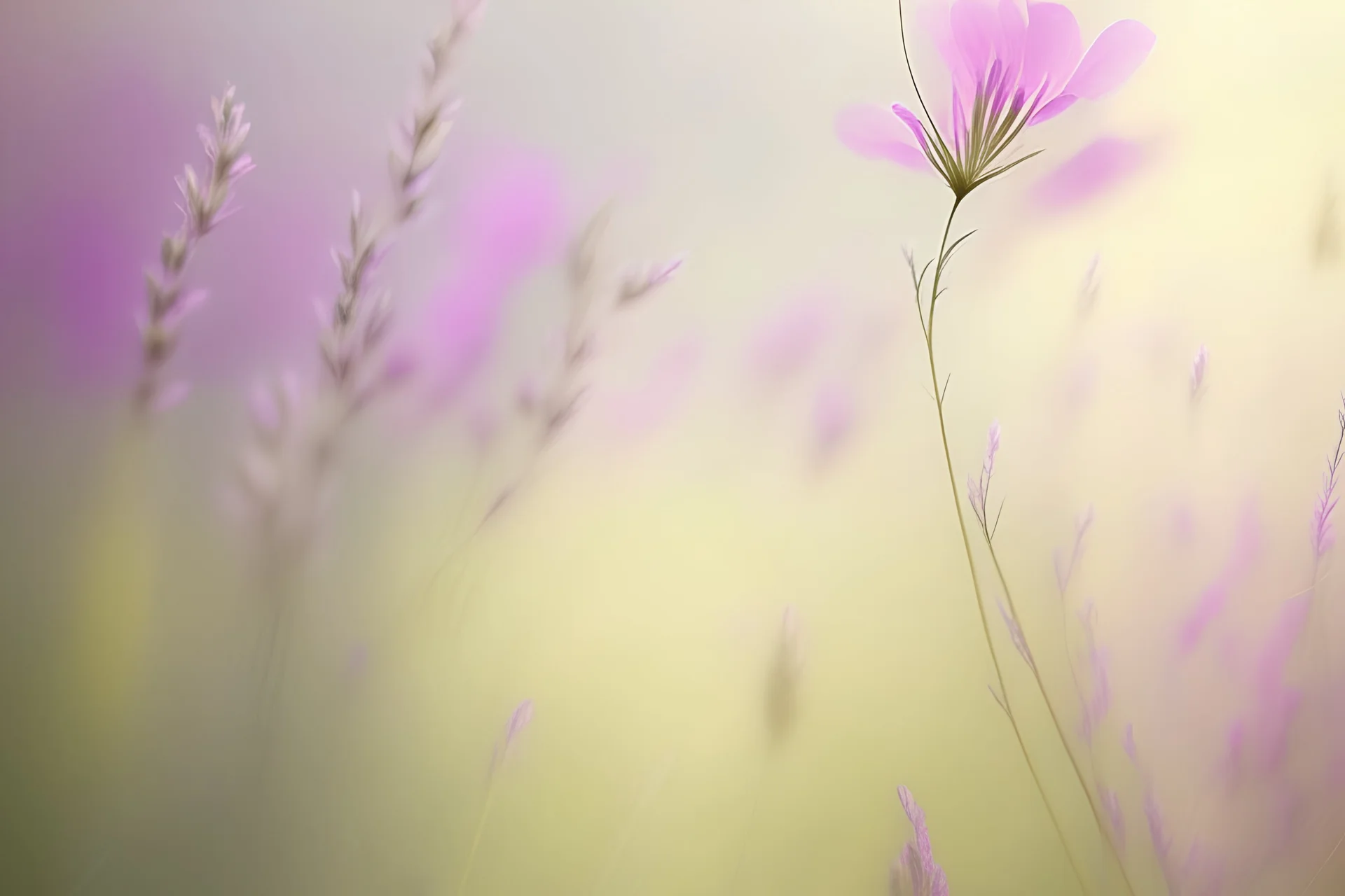 wildflower pink, meadow green, lavender, gold, smooth gradient color transition, evoking serenity. Background photography, close-up, blurred effect, gradient harmony, visual tranquility, airy lightness, gentle shifts, minimalist appeal