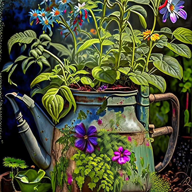 beautiful old watering can surrounded by gorgeous plants and flowers Modifiers: Award winning photography oil on canvas beautiful