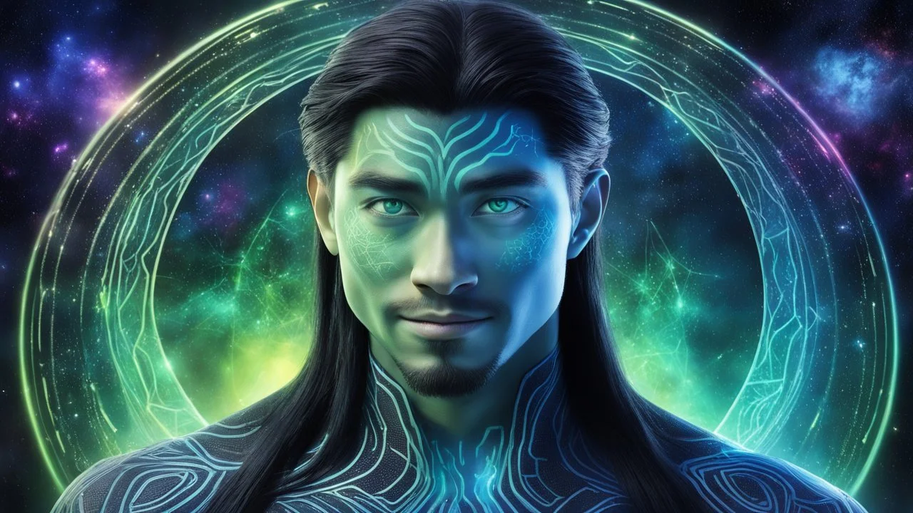 beautiful gorgeous young man na'vi with long hair, Avatar, blue skin, two small ears, green eyes, black hair, in cosmic suit, galactic ambiance, medium pointy goatee , smiling, nebulas and sacred geometry light figures on the backgroud,