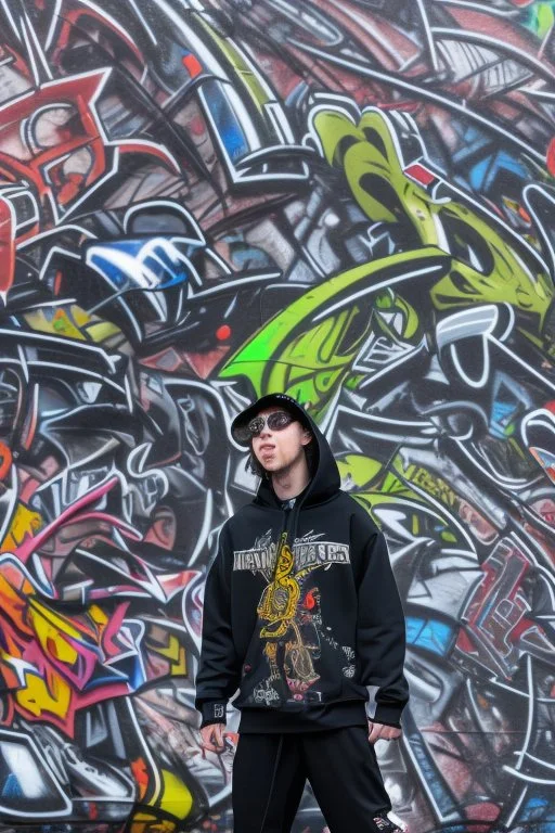 the coolest rapper ever with hoody and trendy clothes. graffiti wall in background are full of nft images and crypto currency symbols