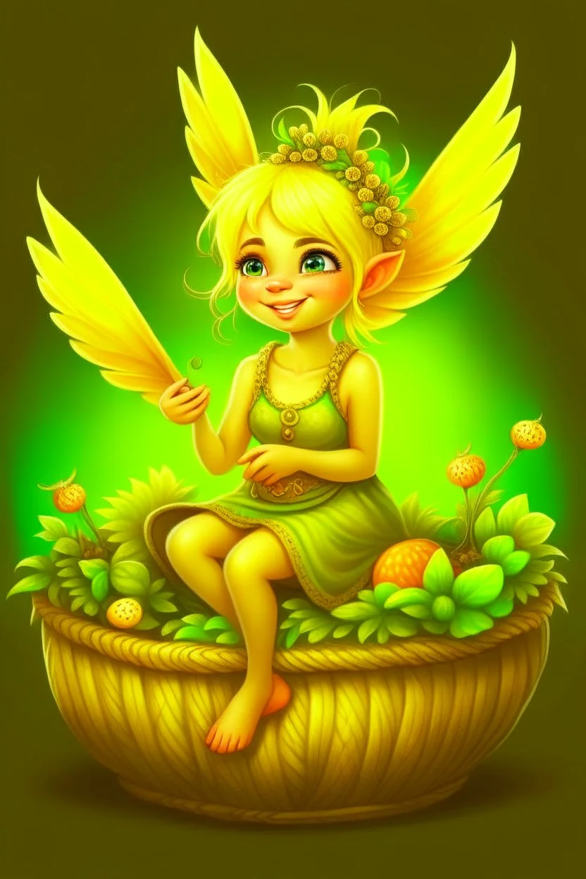 Fantasy art: A small, cute, cheerful fairy with golden hair, sitting in a small basket. The basket is actually an earring on the ear of a big giant.