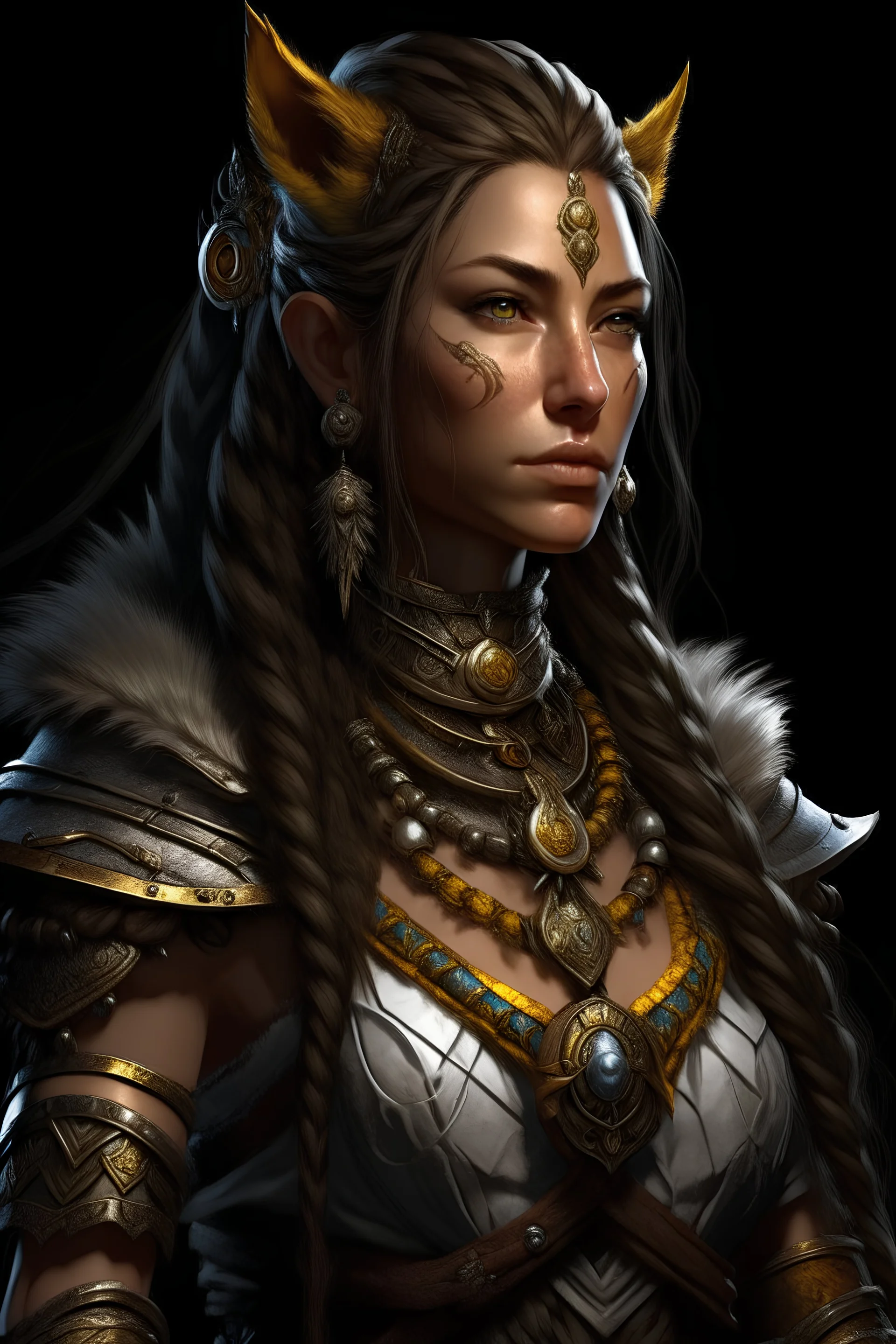 female kalashtar from dungeons and dragons, barbarian class from dungeons and dragons, long and dark hair bound in intricate braids, bronze skin, amber eyes flecked with silver, armor adorned with trophies and tokens such as furs, bones, feathers, and intricate tattoos, realistic, digital art, high resolution, strong lighting