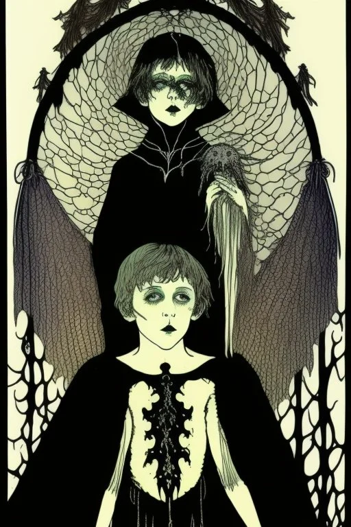 7 year old boy, necromancer, friendly, looks dead,with a long lamprey emerging from his belly , wearing black robes, in the style of Harry Clarke