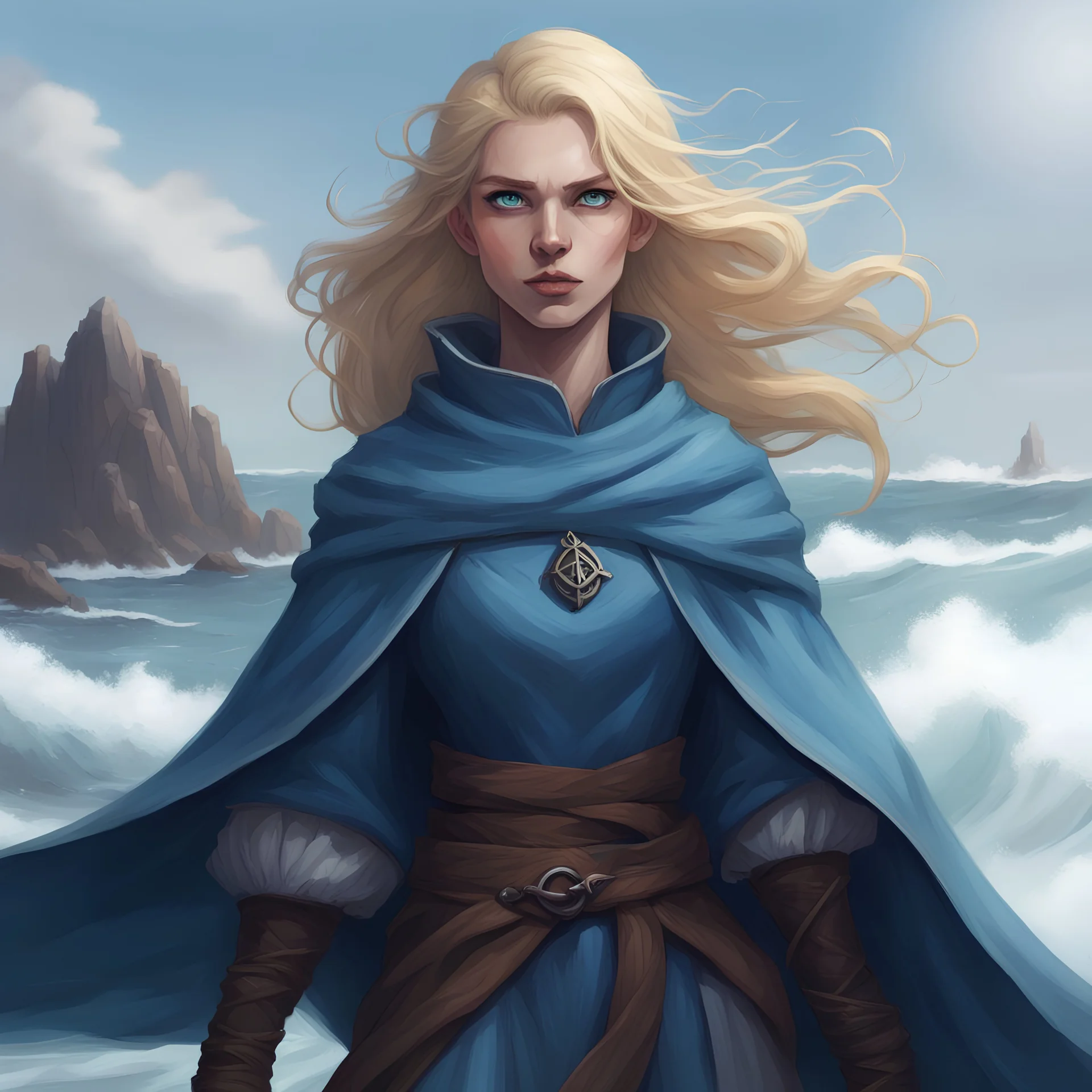 dungeons and dragons human female fathomless warlock, pale skin, tied blonde hair, sea blue eyes, wears blue clothes made for sea travel. the wind blows with the cloak. She looks naive.