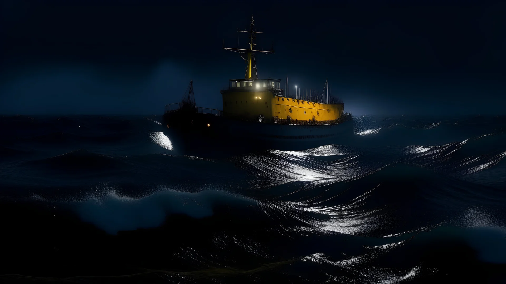 oil ship in angery ocean at night help