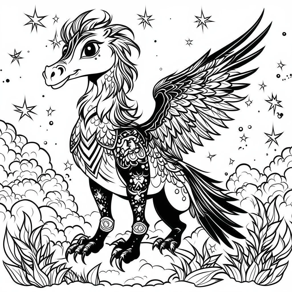 Make black and white cute drawing of a hippogriff with black bold lines. Only outline, no grayscale. A noble hippogriff with a horse’s body and eagle wings, perched on a rock with a proud pose. Make the feathers shimmer with magical patterns, and set it against a sky filled with shooting stars.