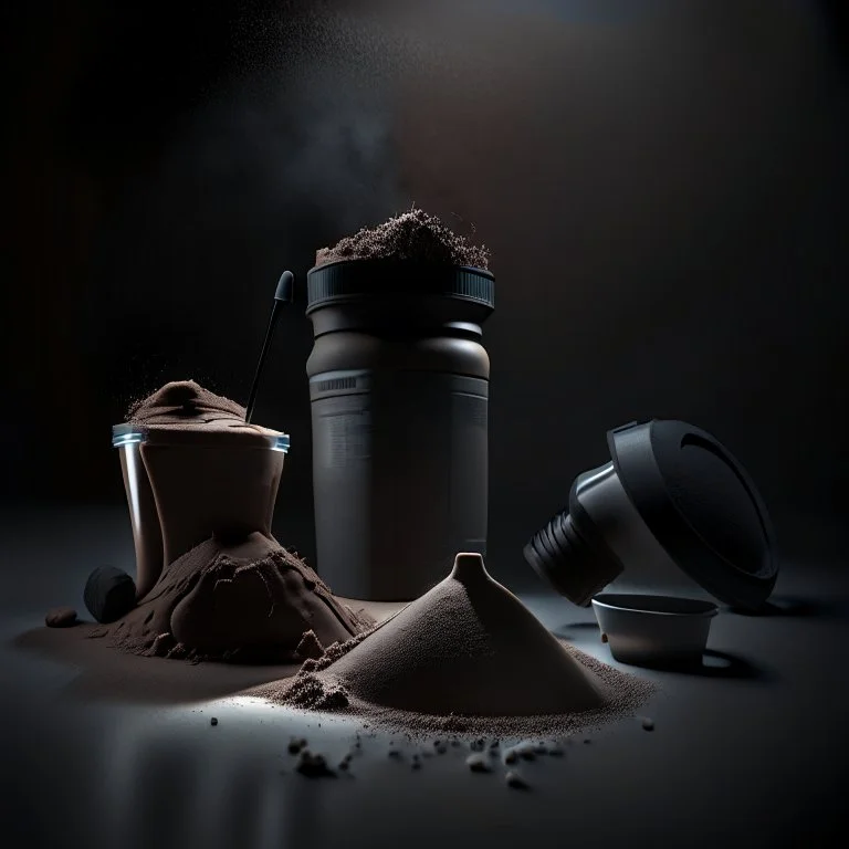 Realistic photograph of a dark studio setting with a shaker for protein powder, a scoop of protein powder and a protein powder bucket. High resolution.