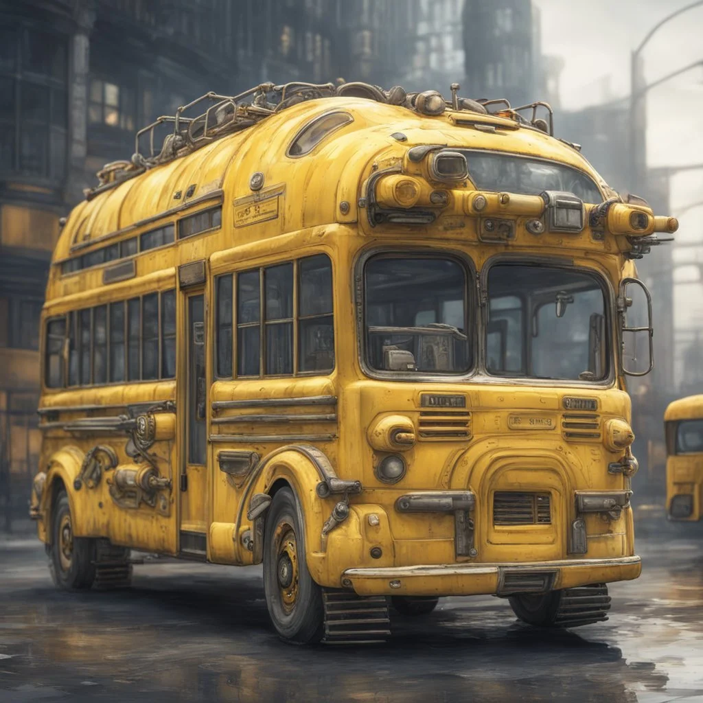 a yellow school bus, sci fi biopunk theme, detailed