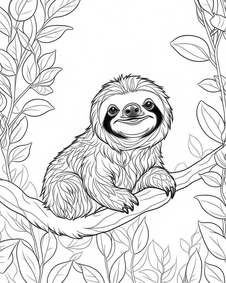 create a 2d black outline, "safari smiling cartoon sloth on a branch coloring book for kids", coloring page, low details design, black contour, coloring page design, simple background, colorful , card style, coloring page for kids, white background, sketch style, safari landscape, cartoon style