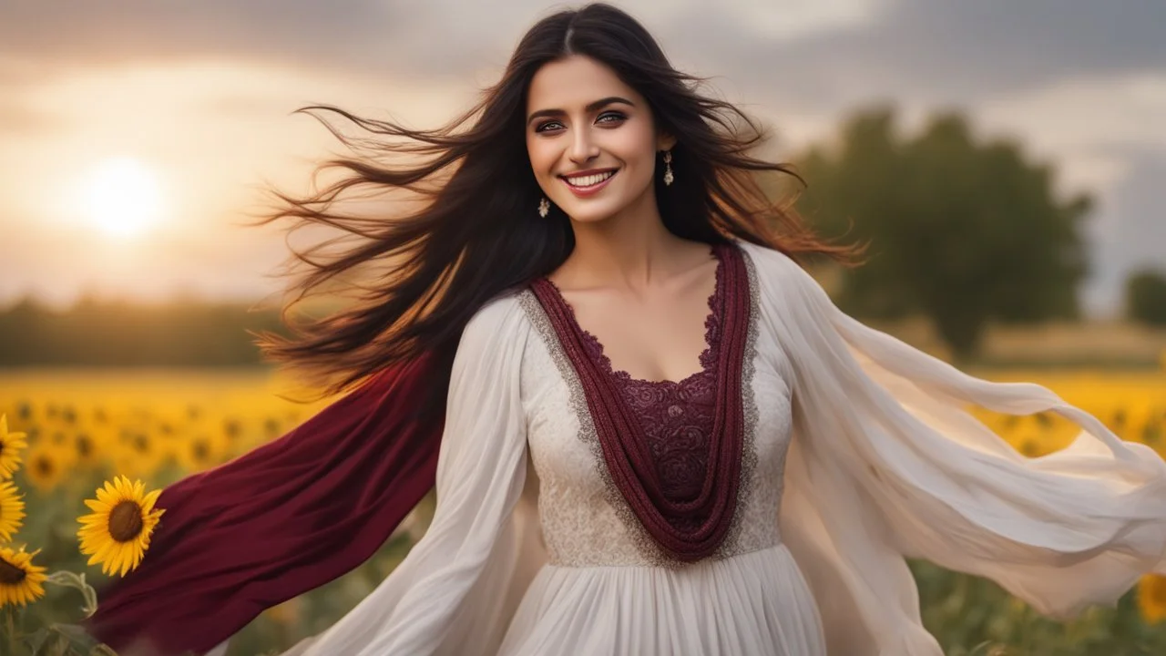 Hyper Realistic Close-up-view of a Beautiful-Young-Happy-Pashto-Woman-with-beautiful-eyes-Smiling with beautiful-long-black-hair-&-white-dress-with-maroon-shawl & breeze-whirling in a sunflower-field with a tree behind & cloudy-sunset showing dramatic & cinematic ambiance