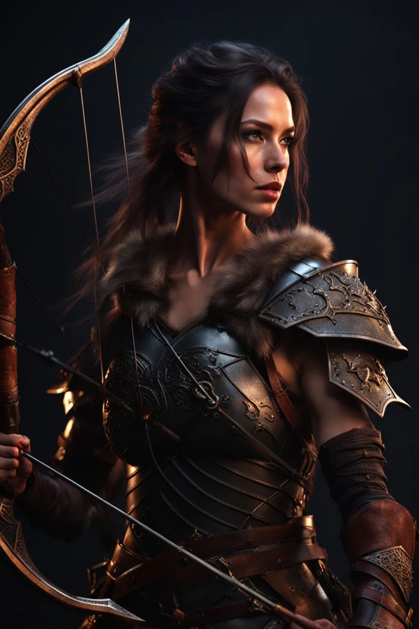 female warrior with a bow and arrow wearing leather half armour dark fantasy Realistic 4k