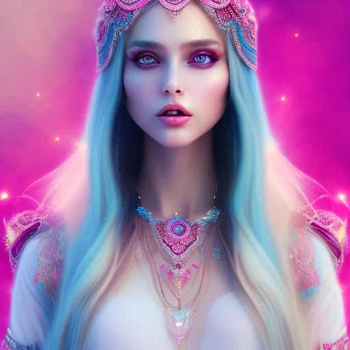 beautiful, soft, smiling face, whole head, long straight blonde hair blues eyes, crown on the head, clothing in transparent bluish and pink veil, background brillante bluish and pink, hight definition, 8K