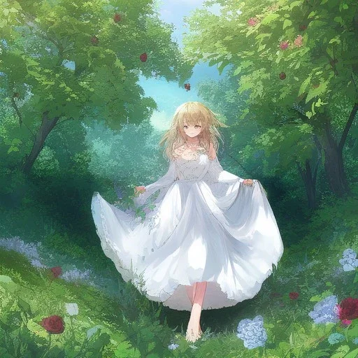 beautiful anime girl wearing a yellow and white dress ,standing in a meadow of flowers, spreading rose pedals on the ground. beautiful eyes and a stunning smile