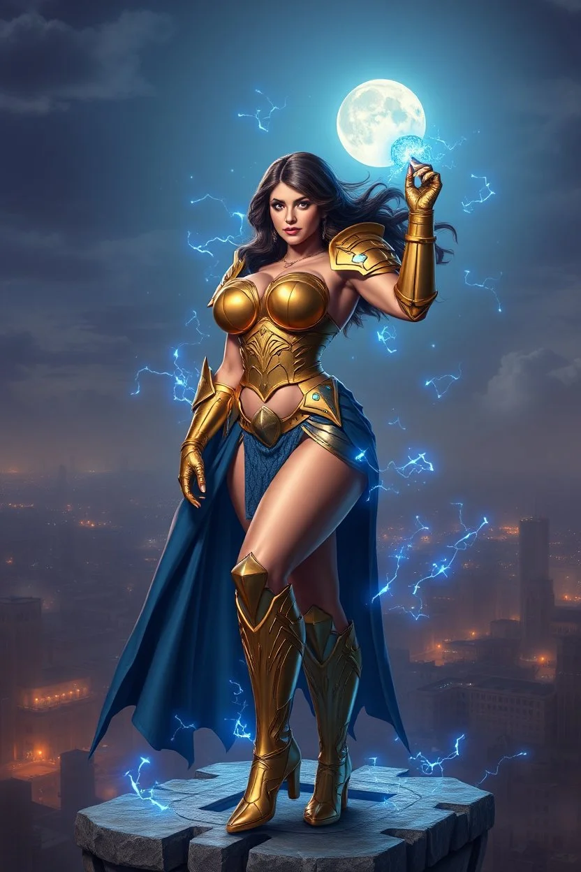 pretty woman, big bubs, good body, rude mode, dressed in a golden mini armor, blue cosmoenergy around her, on top of a tower, moonlight