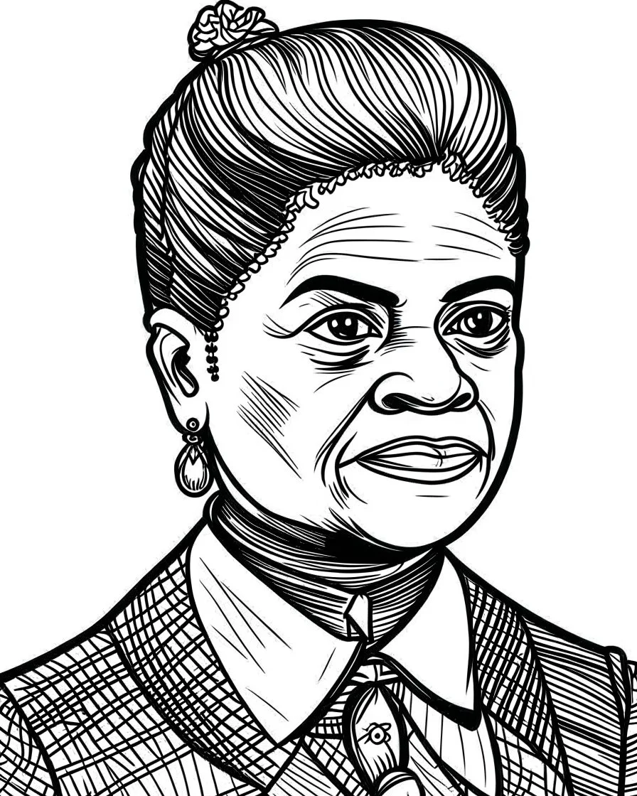 Ida B wells, b&w line art style fashion, preppy style, simple line art, one line, line art, line drawing style, white background, picture, coloring book style on white background, well composed, clean coloring book page, No dither, no gradient, strong outline, No fill, No solids, vector illustration, –ar 9:11 –v 5